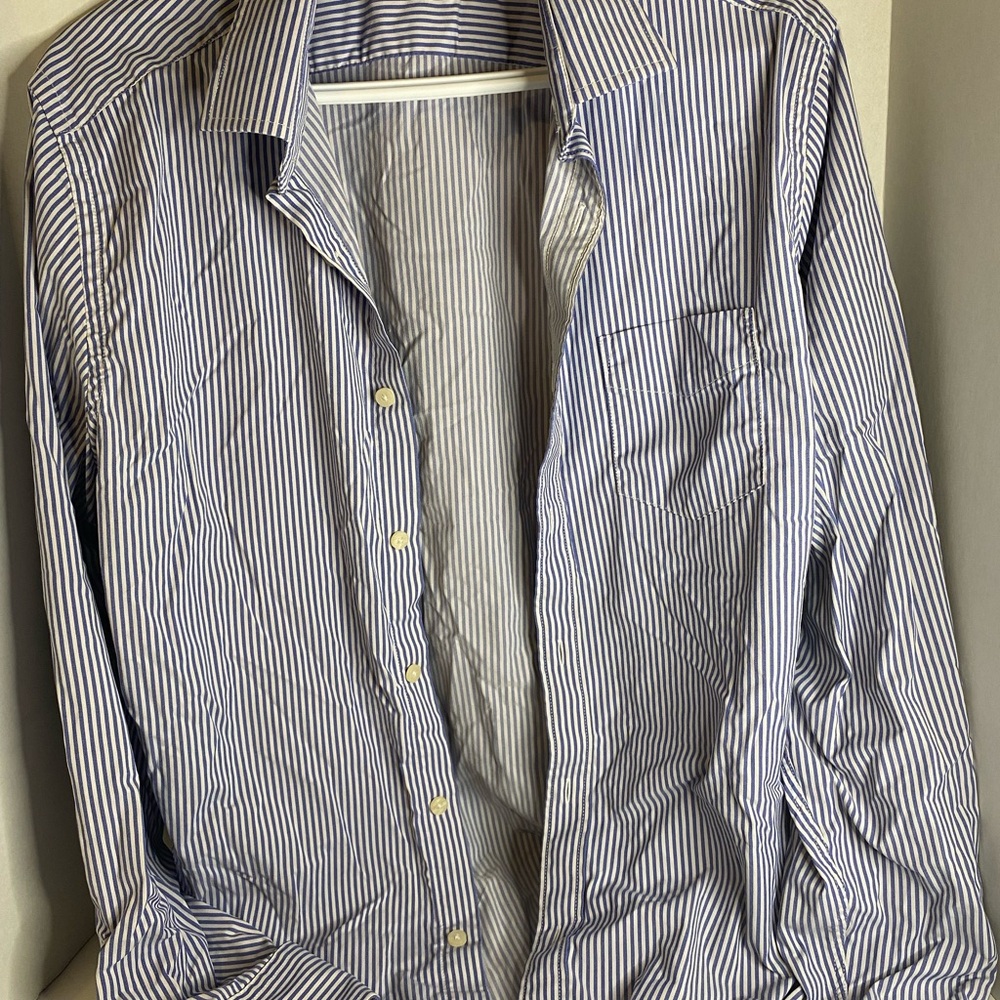 UNTUCKit Blue and White Vertical Stripe Dress Shirt